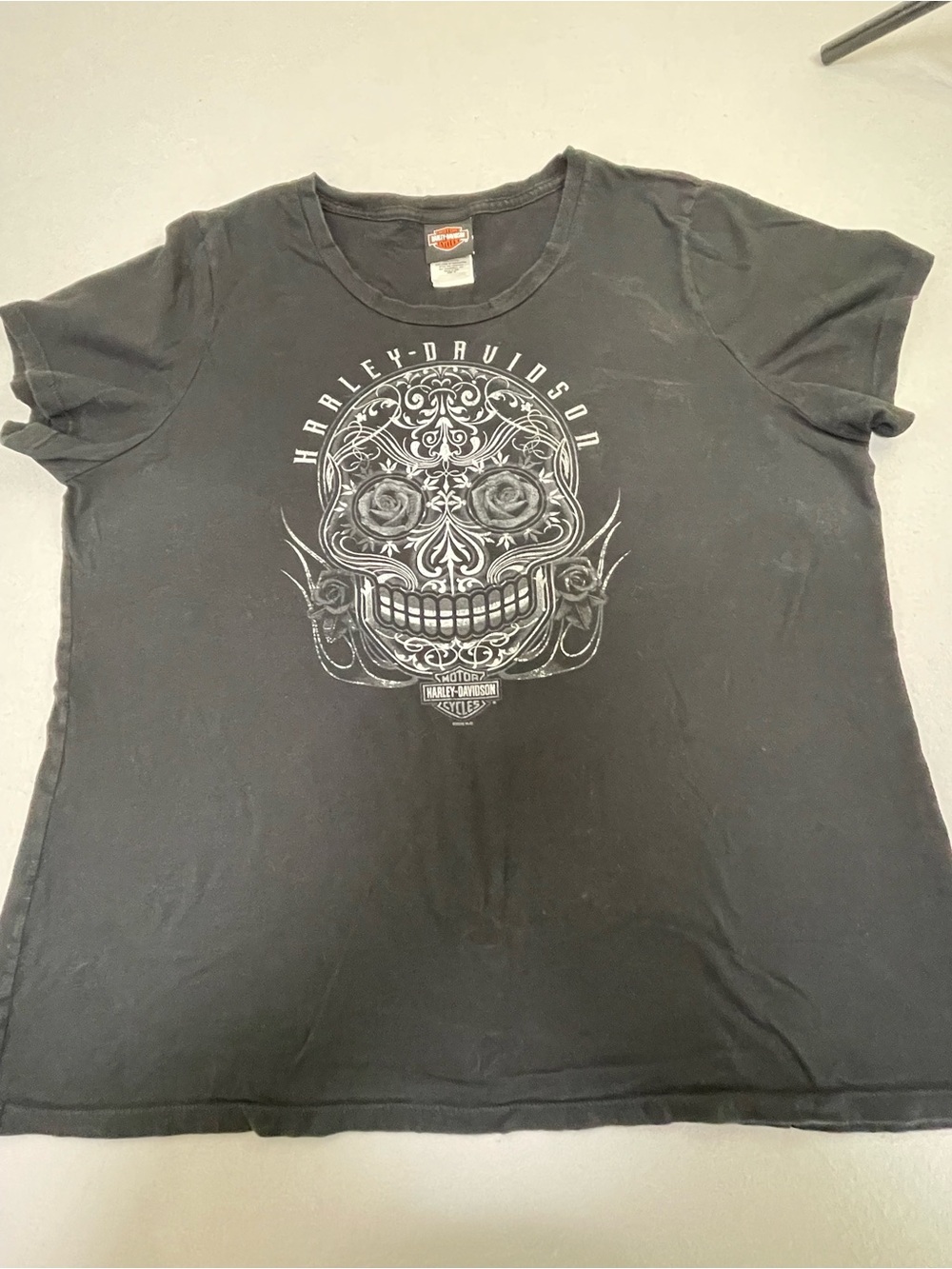 Womenās Harley-Davidson Skull Motor Cycles Black T-Shirt Size 1X Made in USA 230